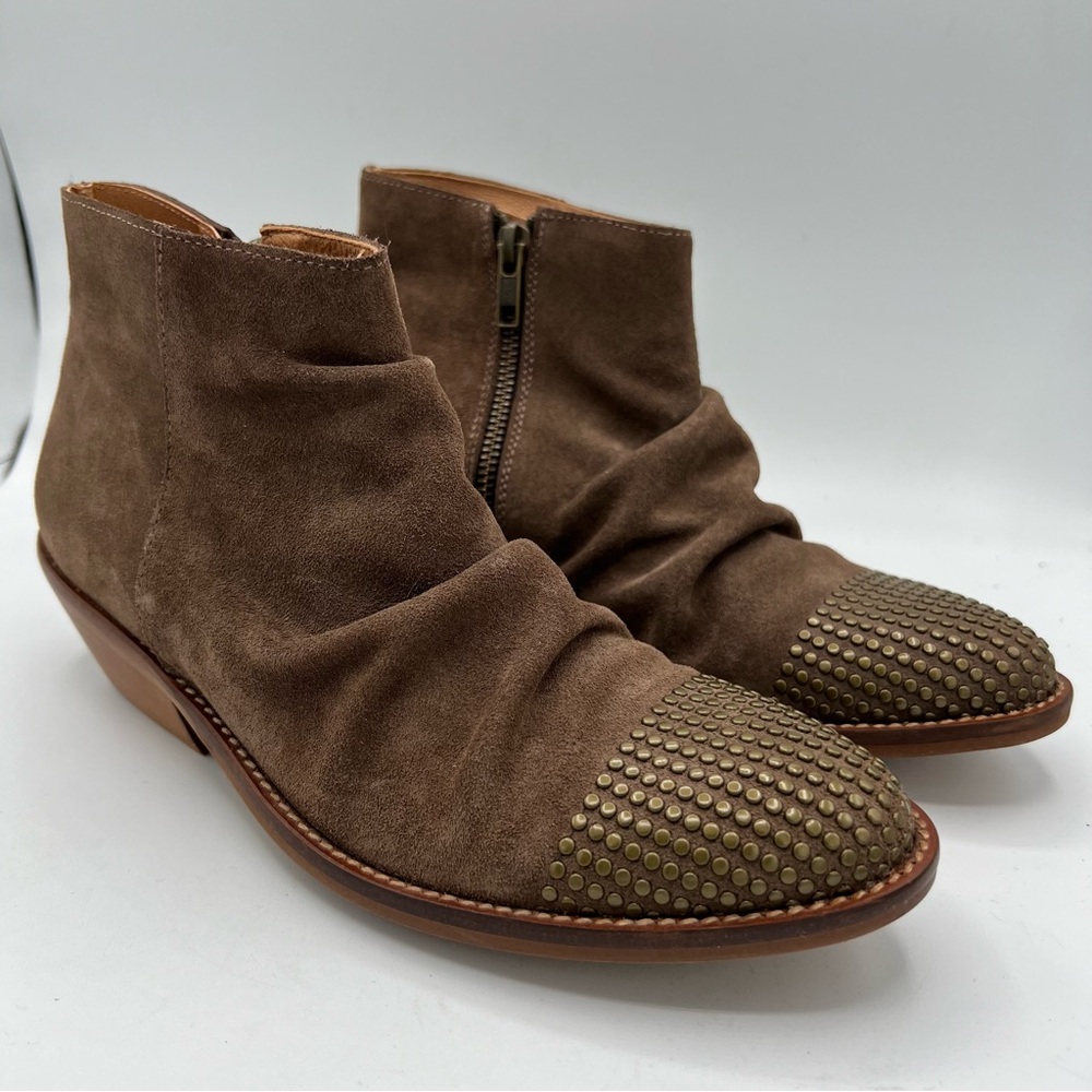 Garnet Hill Women's Chloe Boots Sz 38 US 8 Studded Toe Brown Suede Ruched‎ EUC